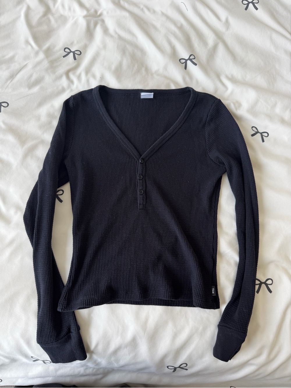 TNA Classic Black Waffle Knit Ribbed Henley Long-Sleeve Top